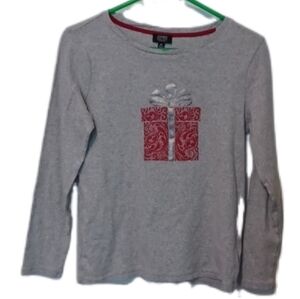 -- Jones New York Gray Long Sleev Shirt with Red Gift Motif Women's Size Medium